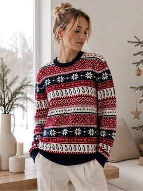 H&M Penguin Fair Isle Cotton Sweater Navy Large Christmas Holiday Nordic Knit